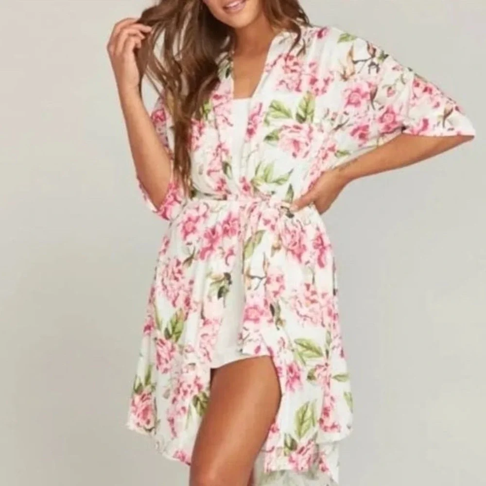 Show Me your MUMU Brie Pink Floral Short Robe  Garden of Blooms One Size Cottage